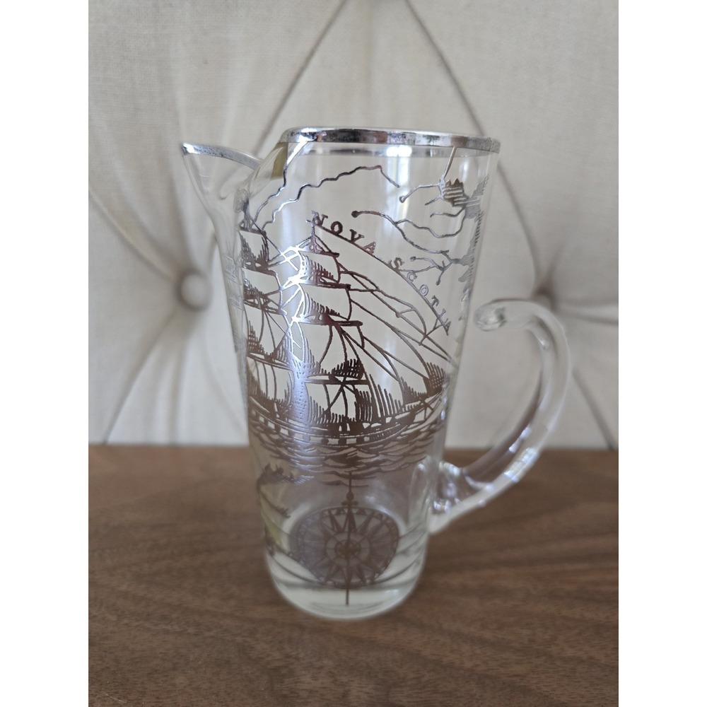 Vintage Nautical Glass Creamer Pitcher Silver Sailing Ship Nova Scotia